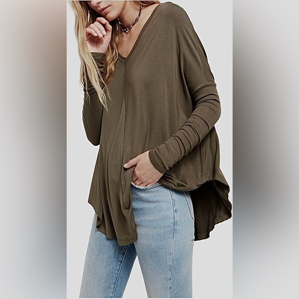 Free People Moonshine Tunic Army Green Dolman Ribbed Sleeve XS